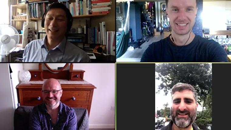 Four men in a video-call grid, the early online circle